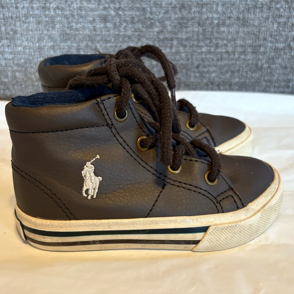 Polo Ralph Lauren Brown High Top Shoes Boys Sz 5 Lace Up Preppy Faux Leather